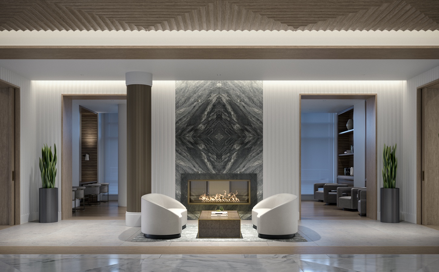 Glass encased fireplaces adorn 100 Shawmut's lobby